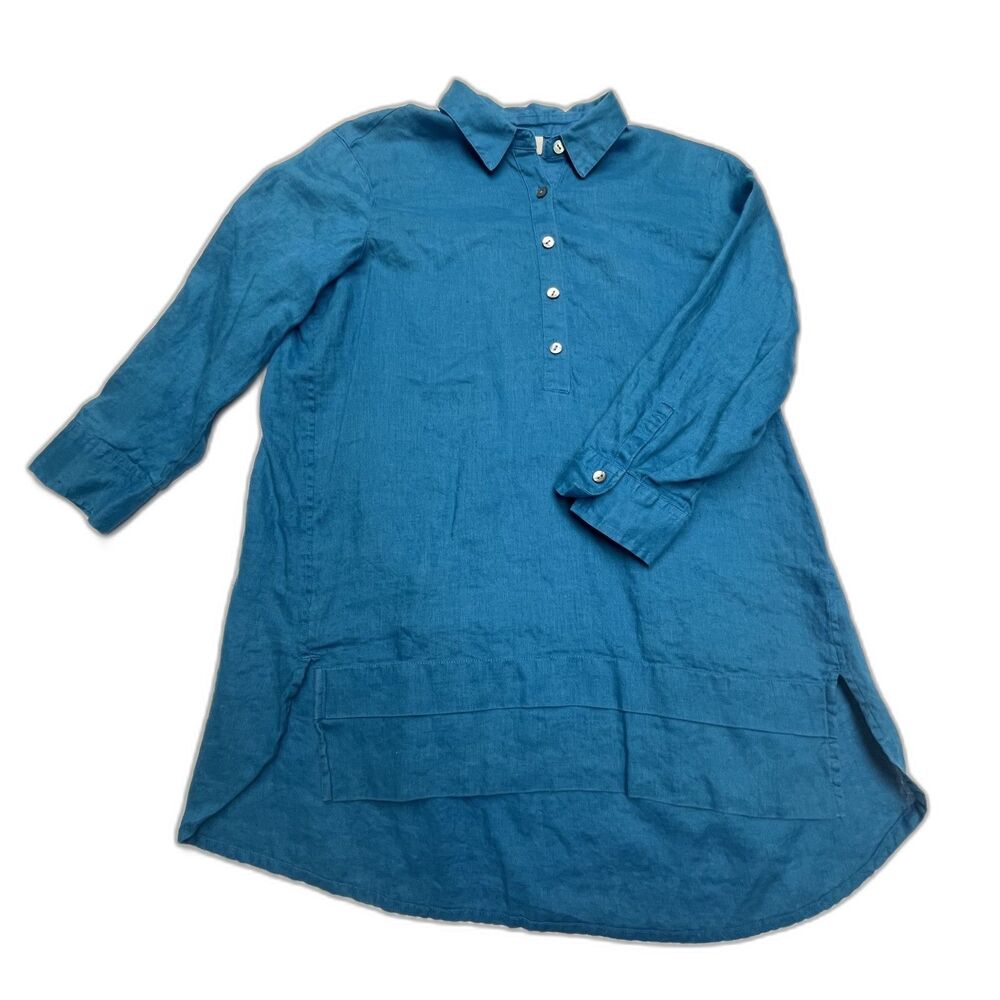 J. Jill Love Linen Turquoise Blue Shell Buttons 3/4 Sleeve Women's Size XS